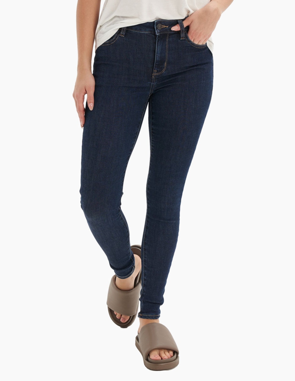 Jeans skinny lavado obscuro corte cintura para mujer Jeans skinny lavado obscuro corte cintura para mujer