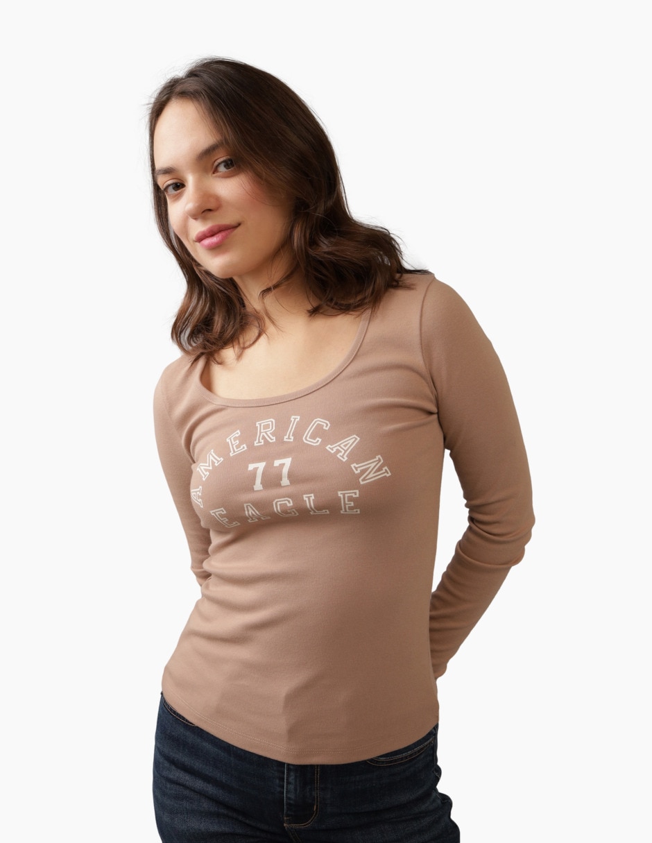 Playera manga larga Scoop Neck Graphic-Tee cuello redondo para mujer Playera manga larga Scoop Neck Graphic-Tee cuello redondo para mujer
