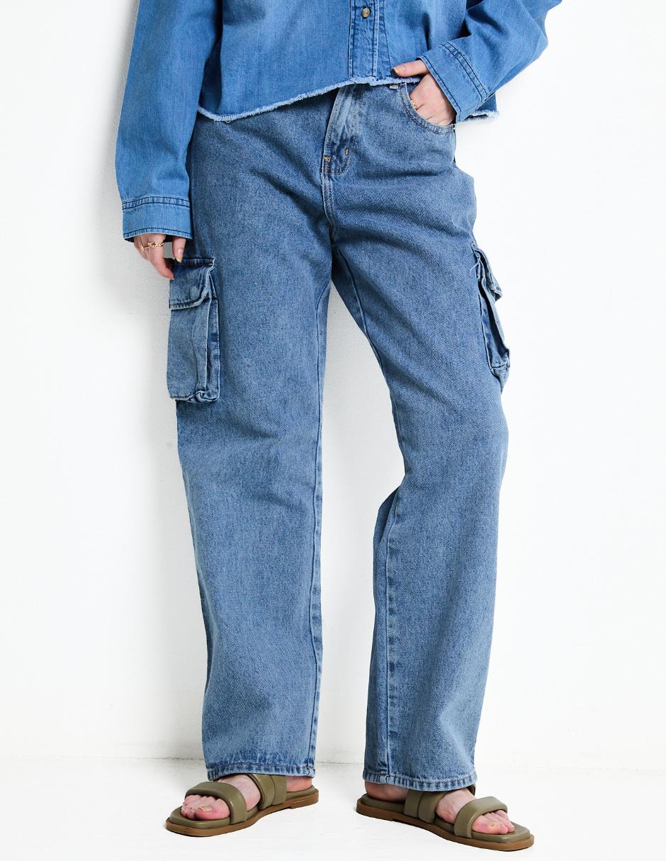 Jeans cargo campana corte cintura alta para mujer