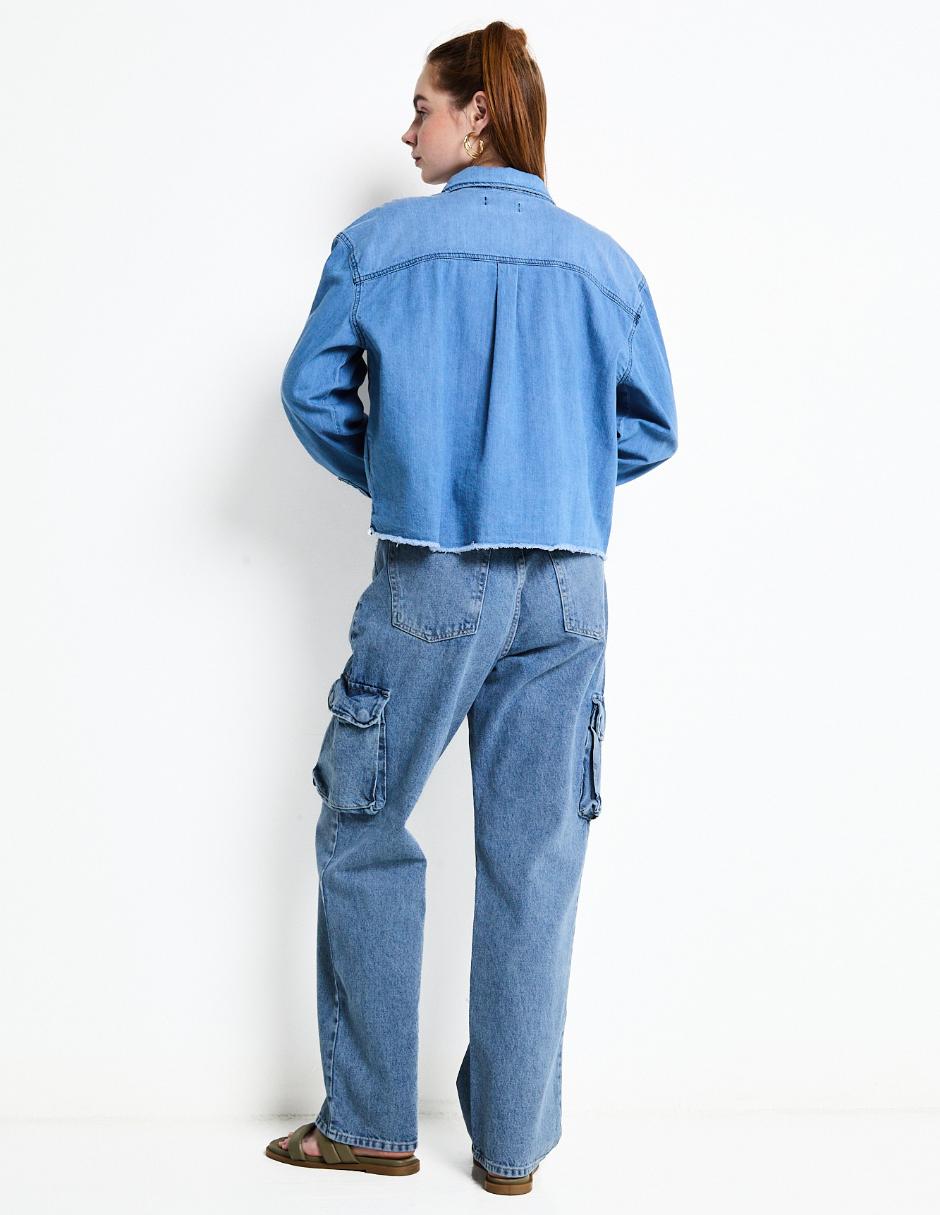 Jeans cargo campana corte cintura alta para mujer 2