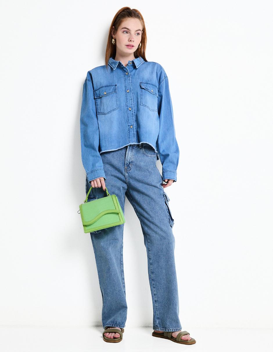 Jeans cargo campana corte cintura alta para mujer 3