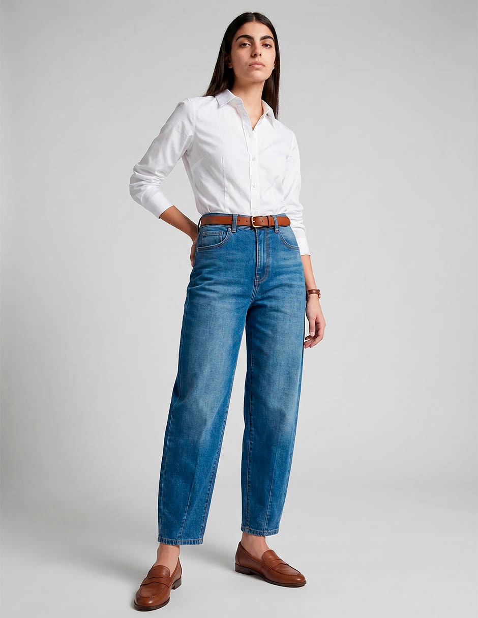 Jeans Barrel corte a la cintura para mujer