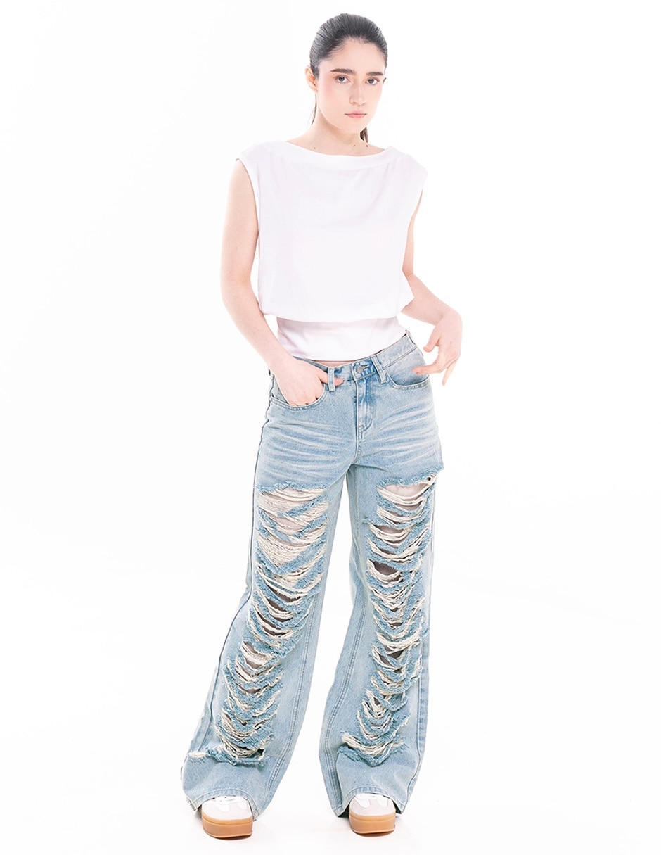 Jeans wide leg corte a la cintura para mujer 3